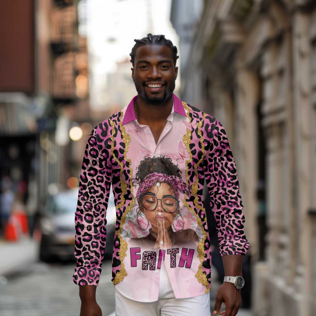 Black Her Story Long Sleeve Button Shirt Faith Pink Leopard - African Pride
