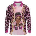 Black Her Story Long Sleeve Polo Shirt Faith Pink Leopard - African Pride
