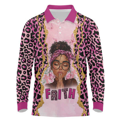 Black Her Story Long Sleeve Polo Shirt Faith Pink Leopard - African Pride
