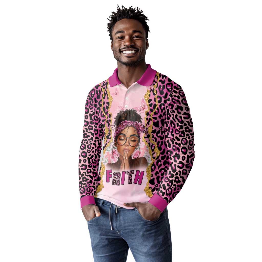 Black Her Story Long Sleeve Polo Shirt Faith Pink Leopard - African Pride