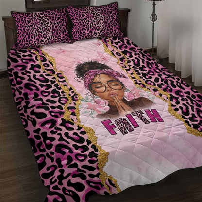 Black Her Story Quilt Bed Set Faith Pink Leopard - African Pride