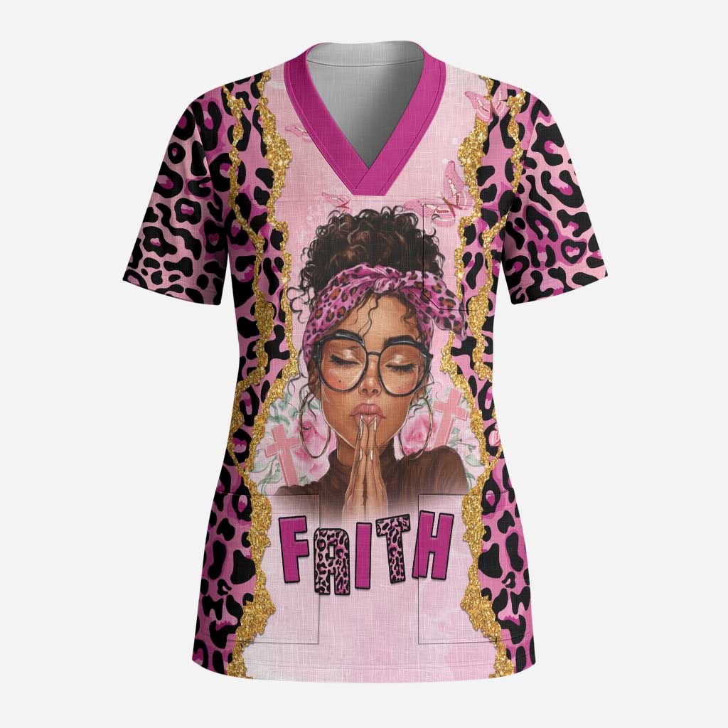 Black Her Story Scrub Top Faith Pink Leopard - African Pride