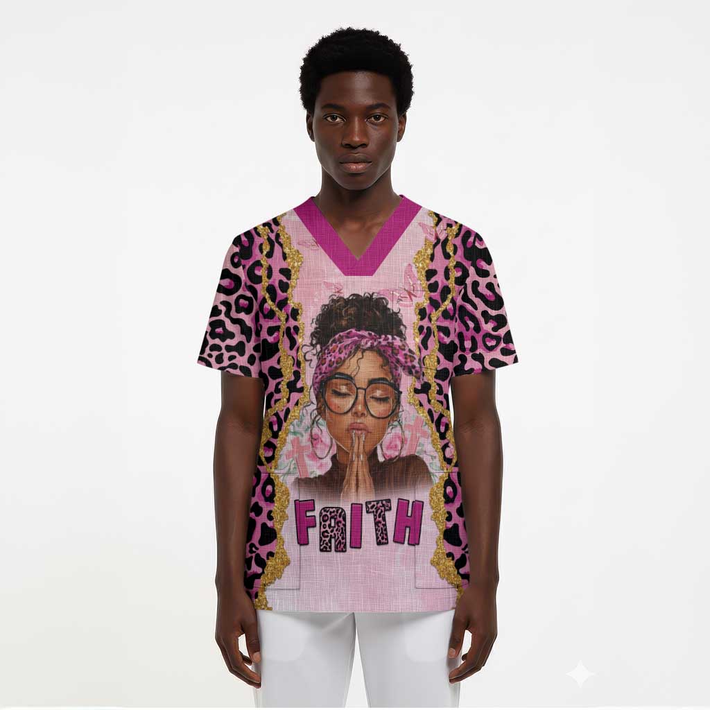 Black Her Story Scrub Top Faith Pink Leopard - African Pride