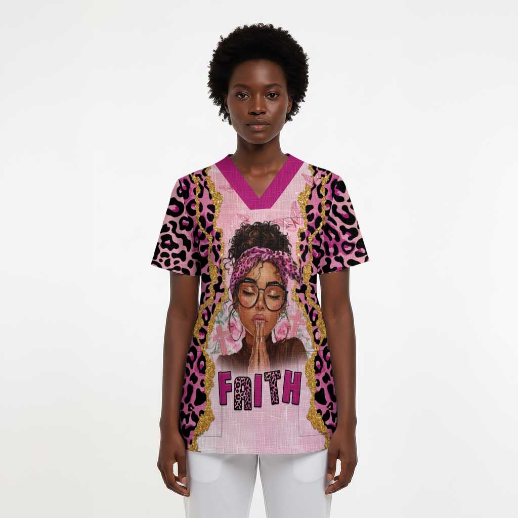 Black Her Story Scrub Top Faith Pink Leopard - African Pride