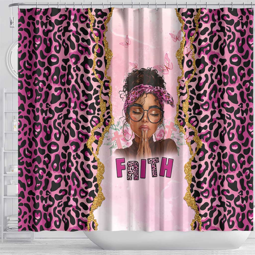 Black Her Story Shower Curtain Faith Pink Leopard - African Pride