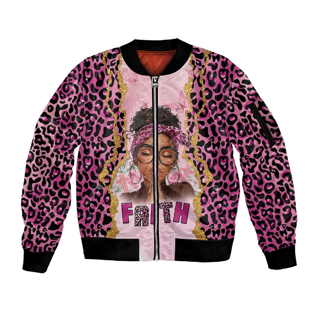 Black Her Story Sleeve Zip Bomber Jacket Faith Pink Leopard - African Pride