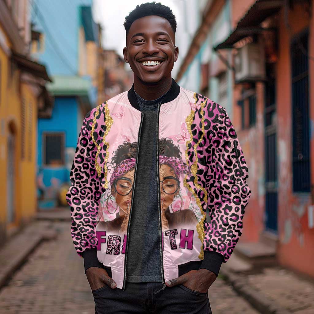 Black Her Story Sleeve Zip Bomber Jacket Faith Pink Leopard - African Pride