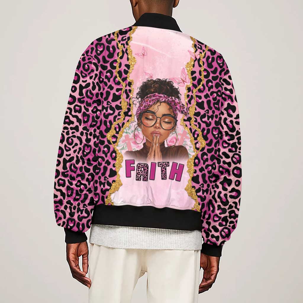 Black Her Story Sleeve Zip Bomber Jacket Faith Pink Leopard - African Pride