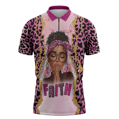 Black Her Story Zipper Polo Shirt Faith Pink Leopard - African Pride