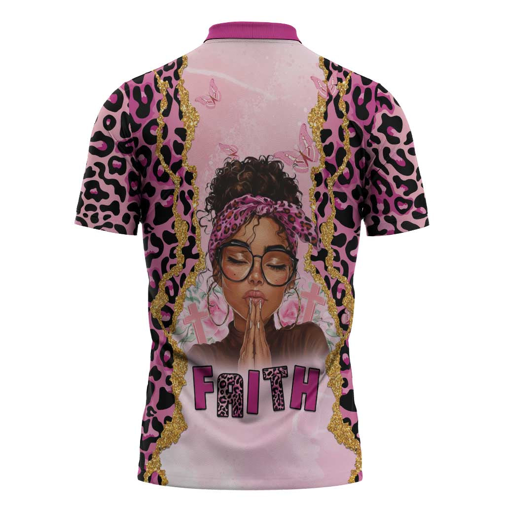 Black Her Story Zipper Polo Shirt Faith Pink Leopard - African Pride