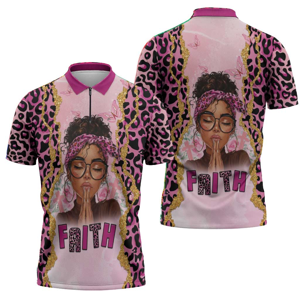 Black Her Story Zipper Polo Shirt Faith Pink Leopard - African Pride