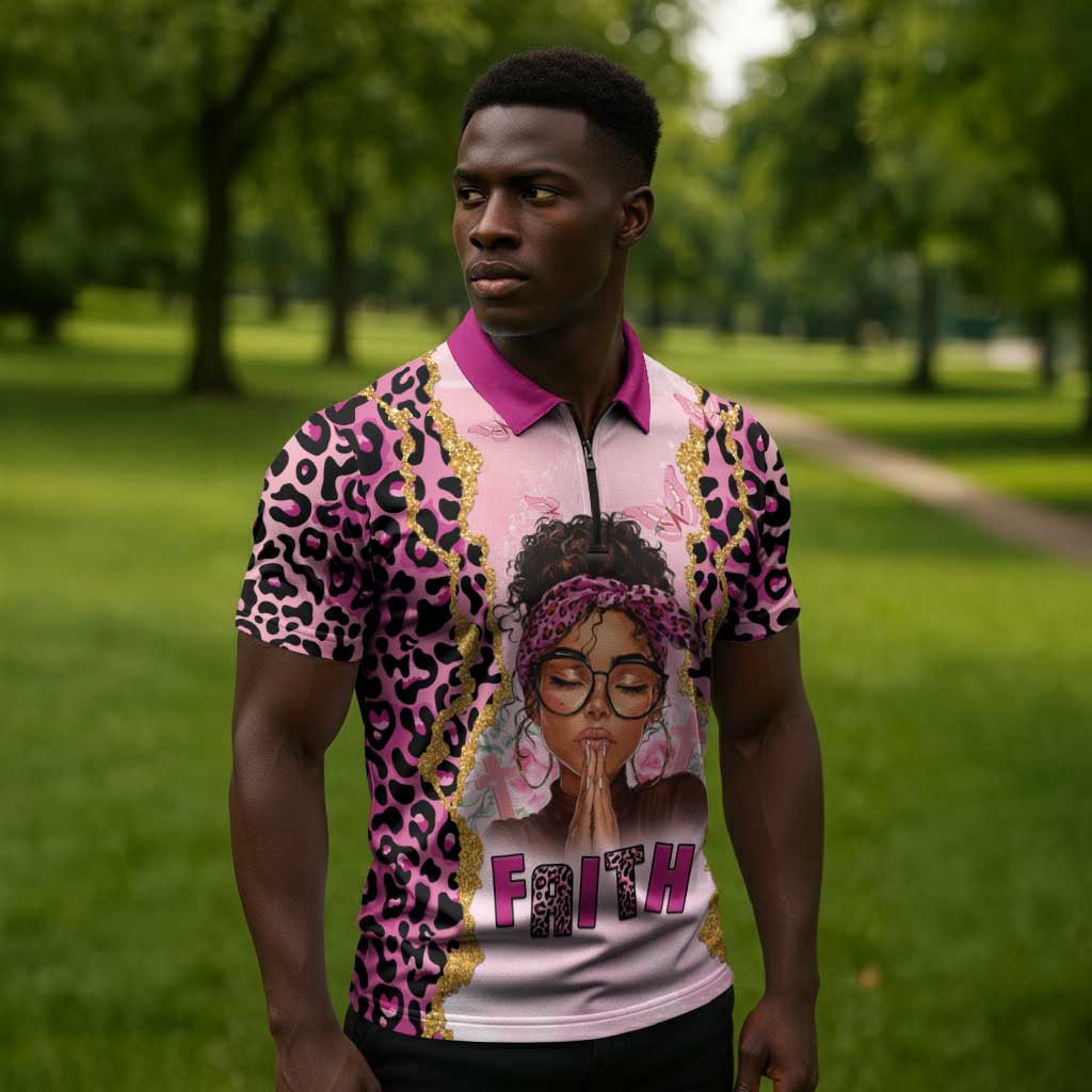 Black Her Story Zipper Polo Shirt Faith Pink Leopard - African Pride