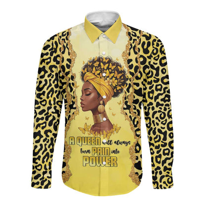 Black Her Story Long Sleeve Button Shirt A Queen Turns Pain Into Power - African Pride