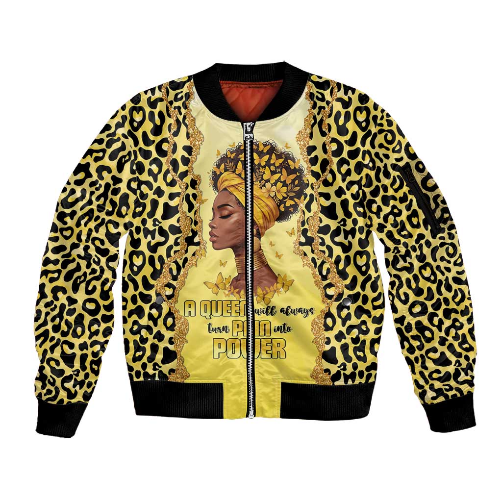Black Her Story Sleeve Zip Bomber Jacket A Queen Turns Pain Into Power - African Pride