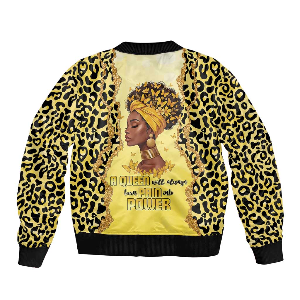 Black Her Story Sleeve Zip Bomber Jacket A Queen Turns Pain Into Power - African Pride