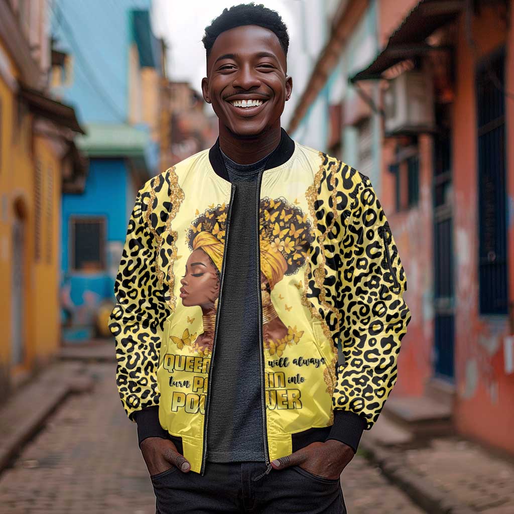 Black Her Story Sleeve Zip Bomber Jacket A Queen Turns Pain Into Power - African Pride