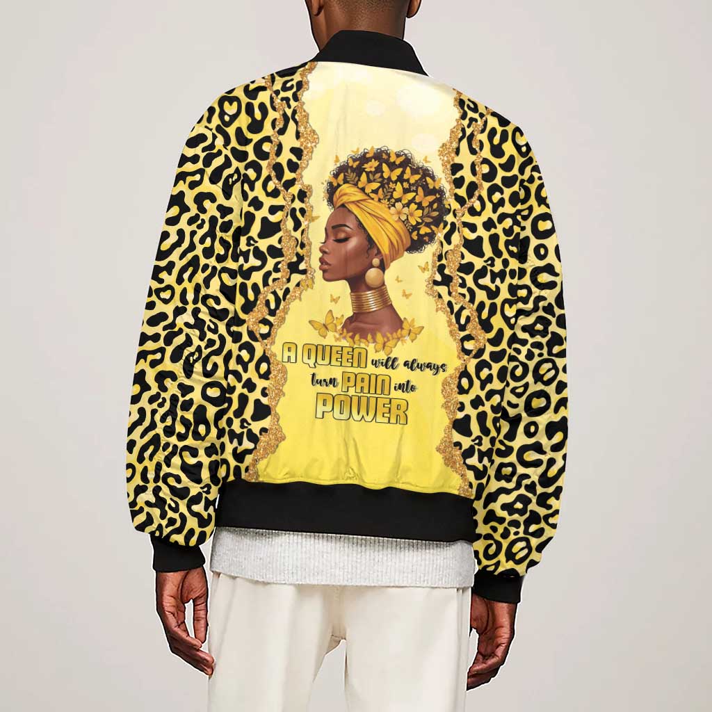 Black Her Story Sleeve Zip Bomber Jacket A Queen Turns Pain Into Power - African Pride