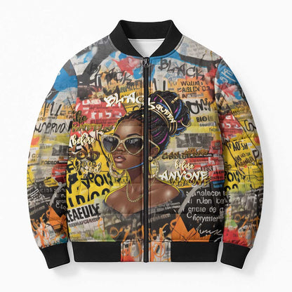 Black Her Story Graffiti Queen Bomber Puffer Jacket Black Woman Empowerment - African Pride