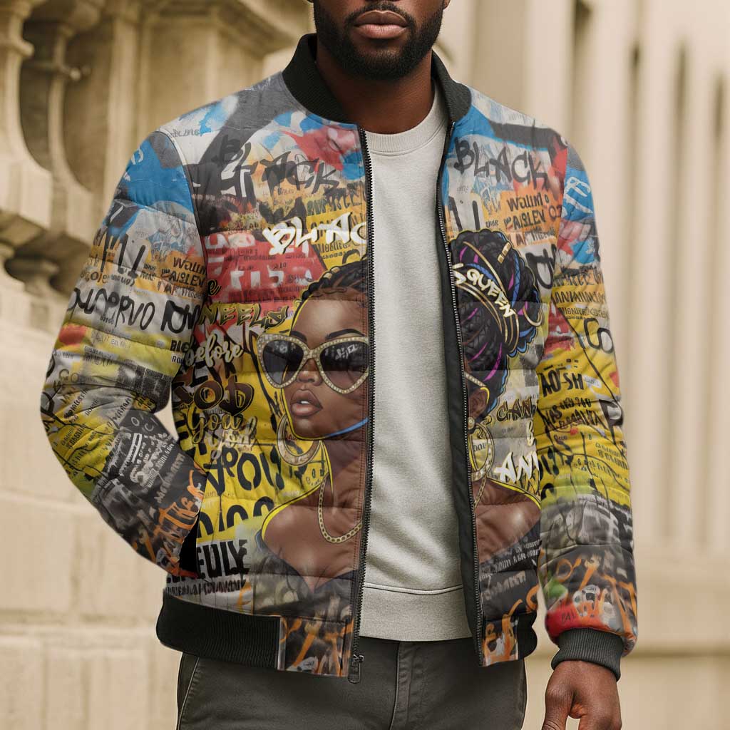 Black Her Story Graffiti Queen Bomber Puffer Jacket Black Woman Empowerment - African Pride