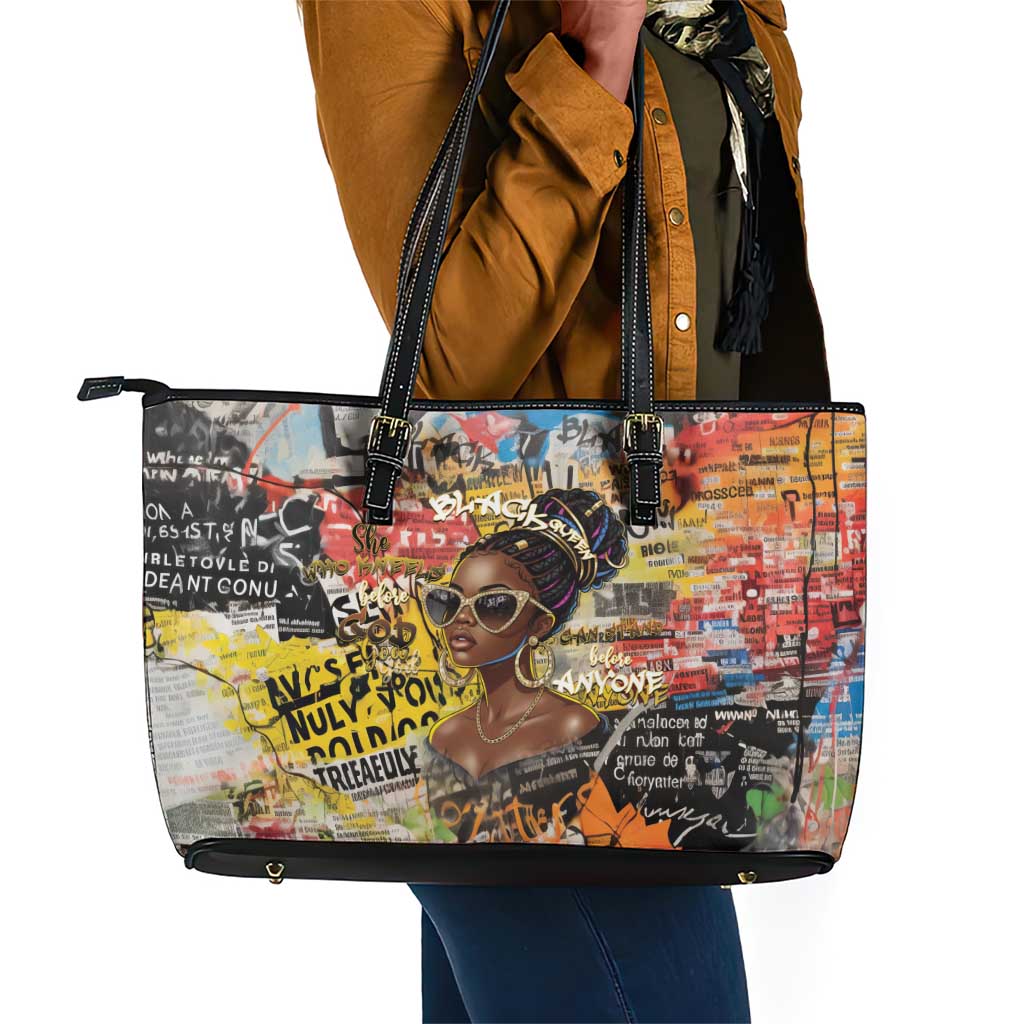 Black Her Story Graffiti Queen Leather Tote Bag Black Woman Empowerment - African Pride