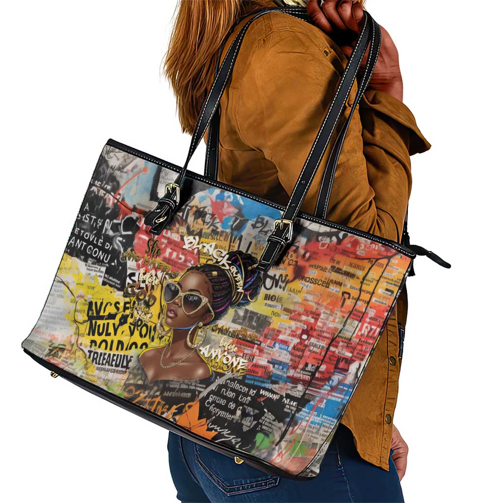 Black Her Story Graffiti Queen Leather Tote Bag Black Woman Empowerment - African Pride