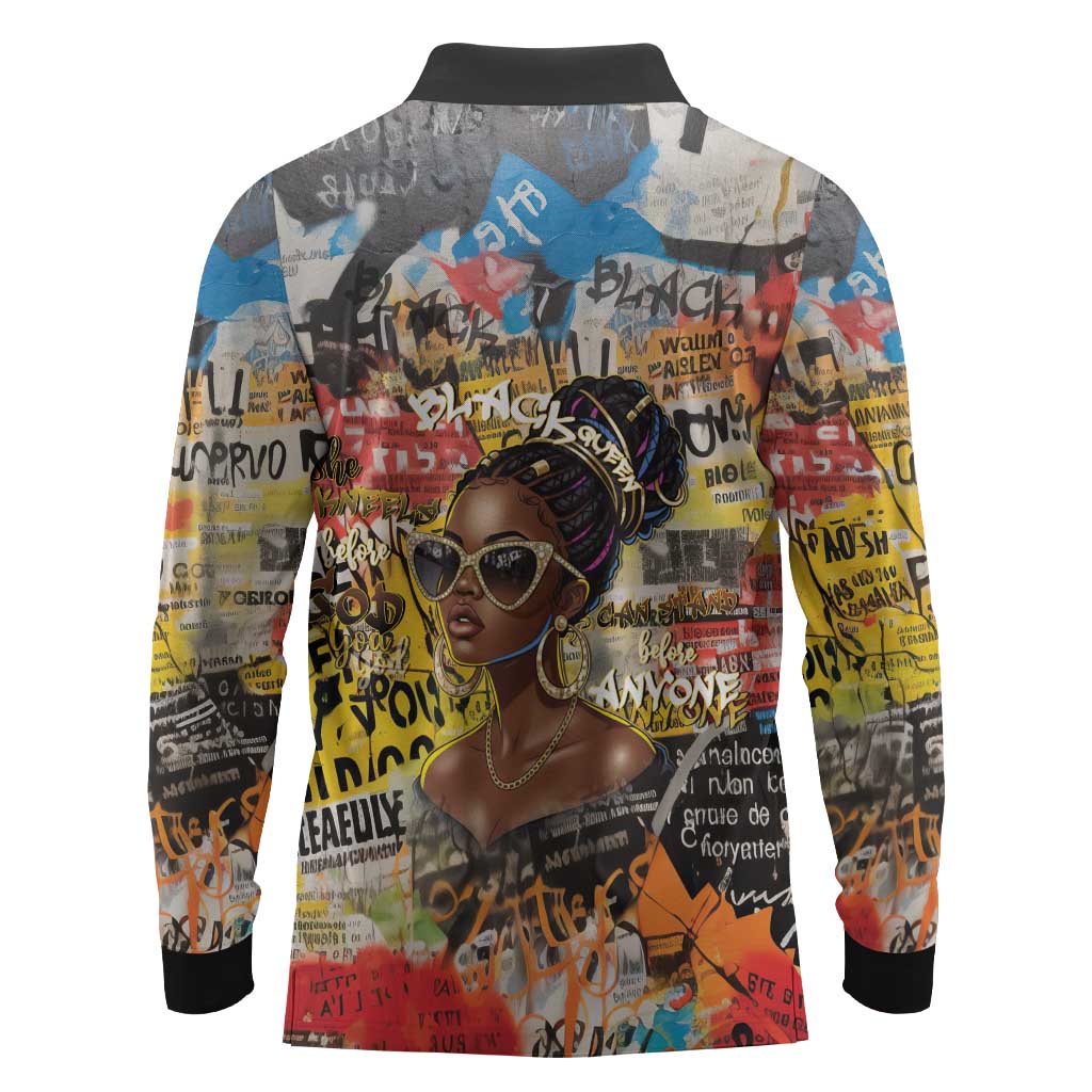 Black Her Story Graffiti Queen Long Sleeve Polo Shirt Black Woman Empowerment - African Pride