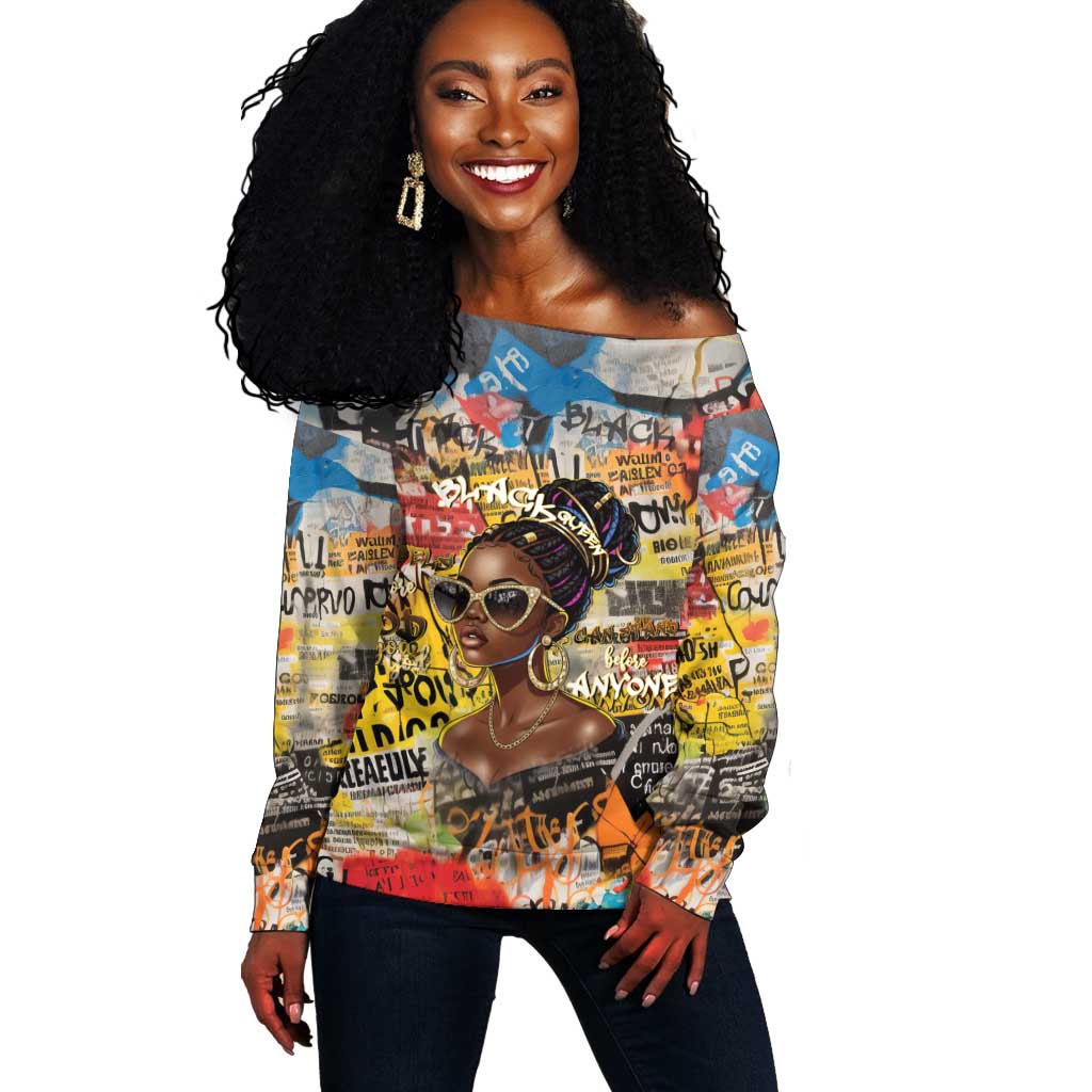 Black Her Story Graffiti Queen Off Shoulder Sweater Black Woman Empowerment - African Pride