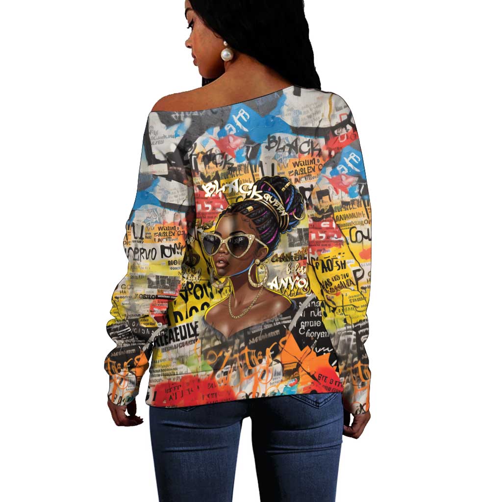 Black Her Story Graffiti Queen Off Shoulder Sweater Black Woman Empowerment - African Pride