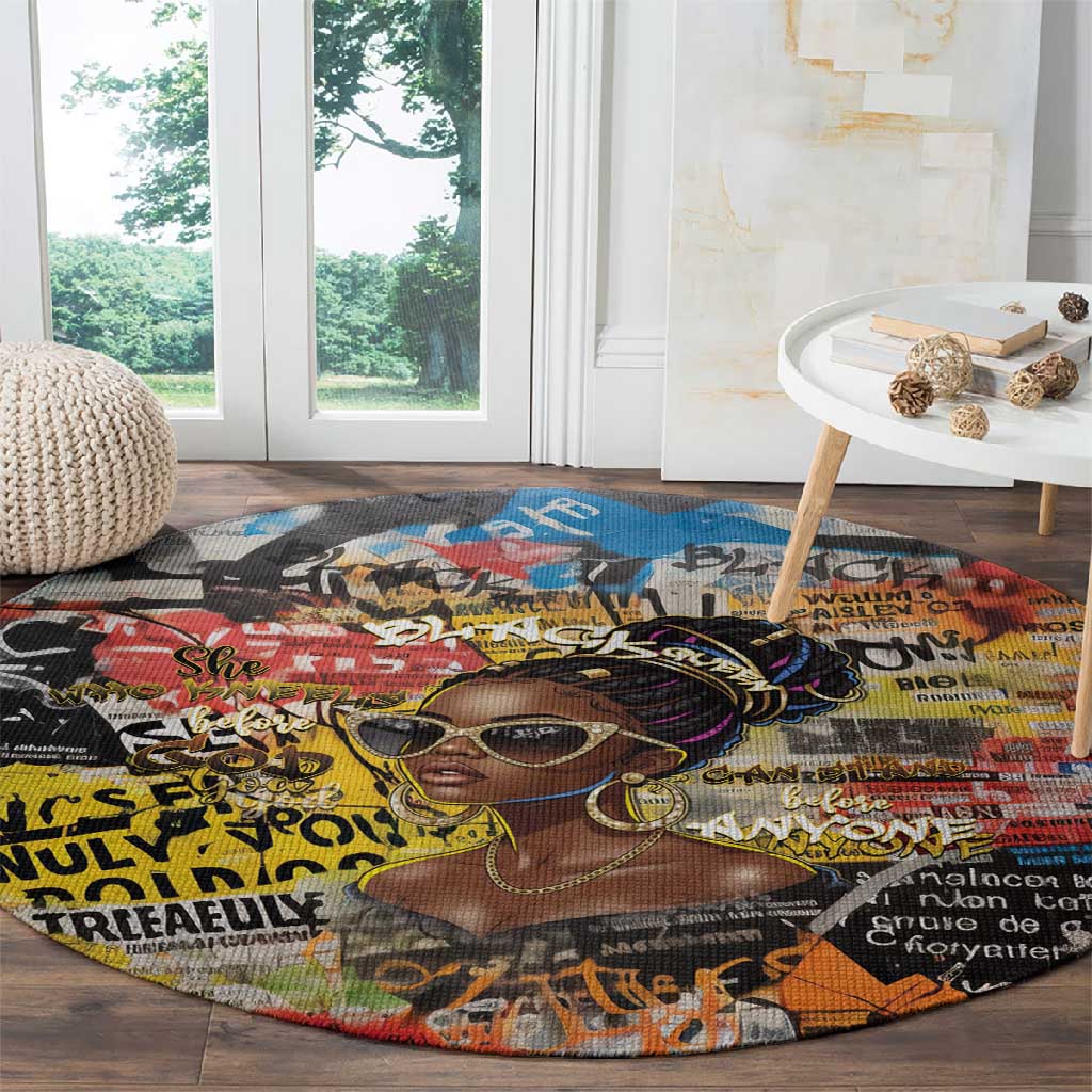 Black Her Story Graffiti Queen Round Carpet Black Woman Empowerment - African Pride