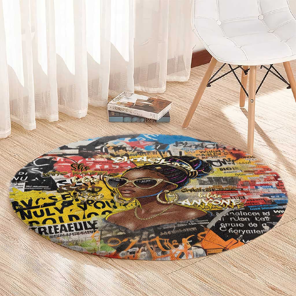 Black Her Story Graffiti Queen Round Carpet Black Woman Empowerment - African Pride