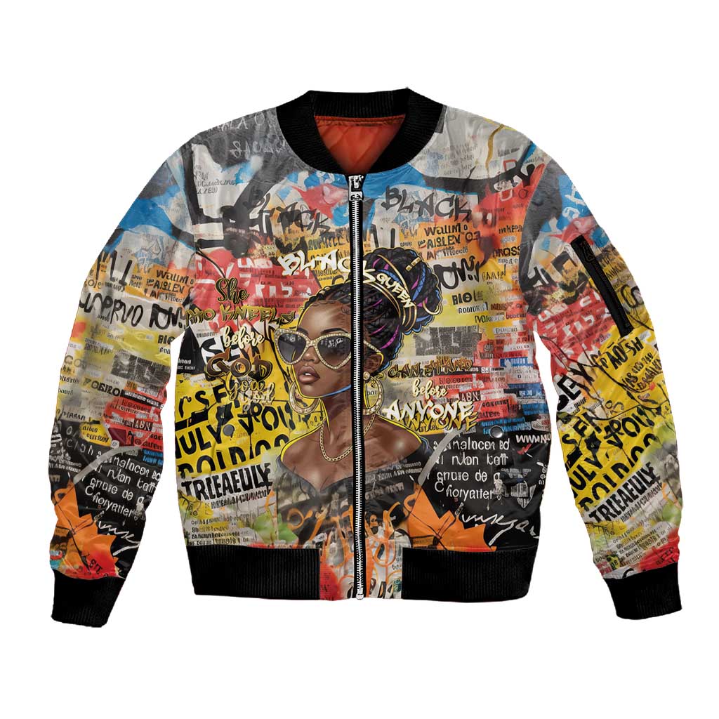 Black Her Story Graffiti Queen Sleeve Zip Bomber Jacket Black Woman Empowerment - African Pride