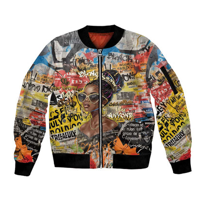 Black Her Story Graffiti Queen Sleeve Zip Bomber Jacket Black Woman Empowerment - African Pride