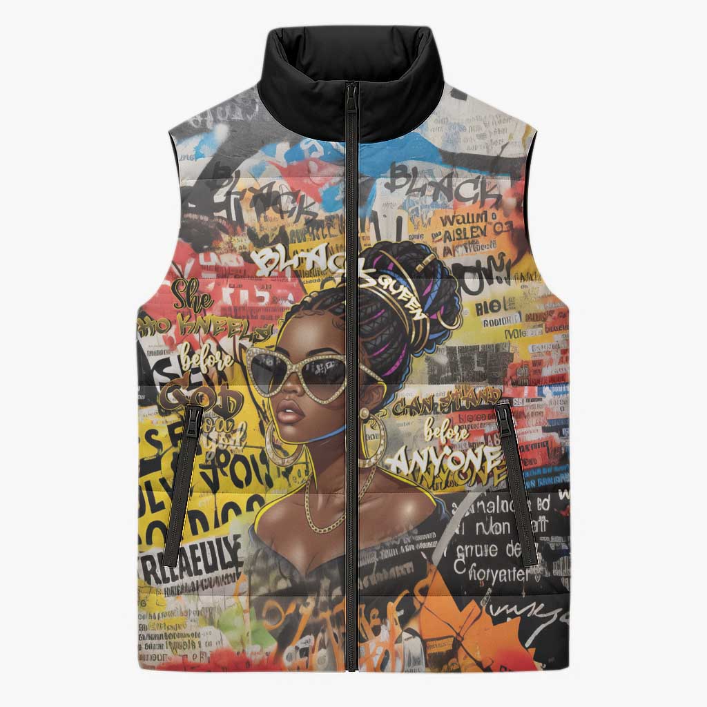 Black Her Story Graffiti Queen Sleeveless Puffer Jacket Black Woman Empowerment - African Pride