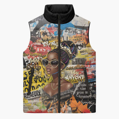 Black Her Story Graffiti Queen Sleeveless Puffer Jacket Black Woman Empowerment - African Pride