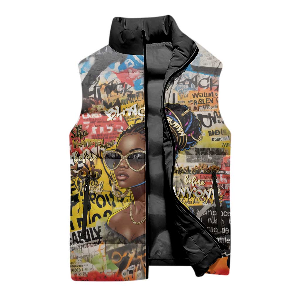 Black Her Story Graffiti Queen Sleeveless Puffer Jacket Black Woman Empowerment - African Pride