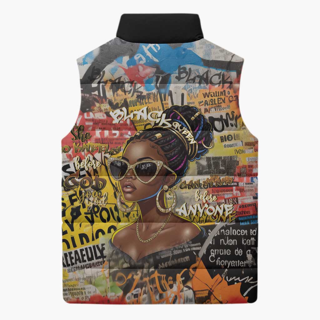 Black Her Story Graffiti Queen Sleeveless Puffer Jacket Black Woman Empowerment - African Pride