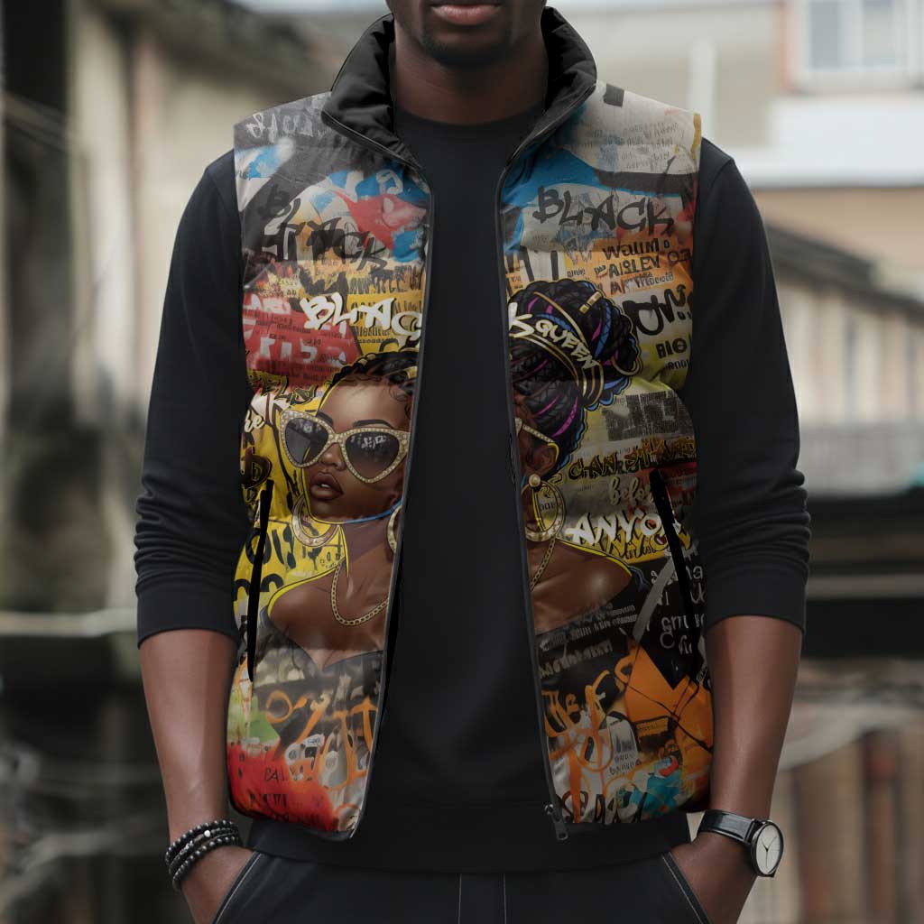 Black Her Story Graffiti Queen Sleeveless Puffer Jacket Black Woman Empowerment - African Pride