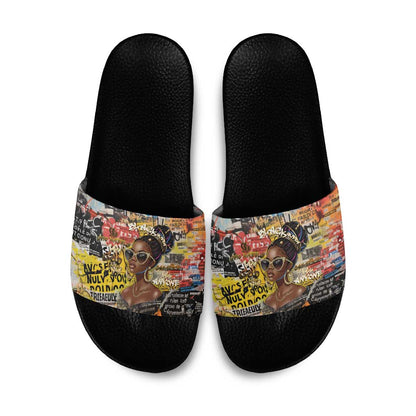 Black Her Story Graffiti Queen Slide Sandals Black Woman Empowerment - African Pride