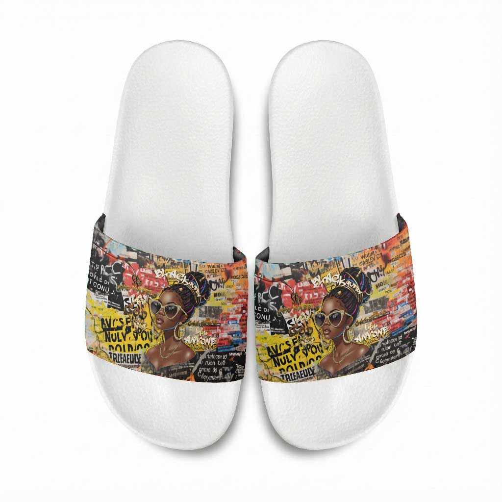 Black Her Story Graffiti Queen Slide Sandals Black Woman Empowerment - African Pride