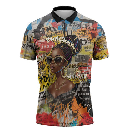 Black Her Story Graffiti Queen Zipper Polo Shirt Black Woman Empowerment - African Pride