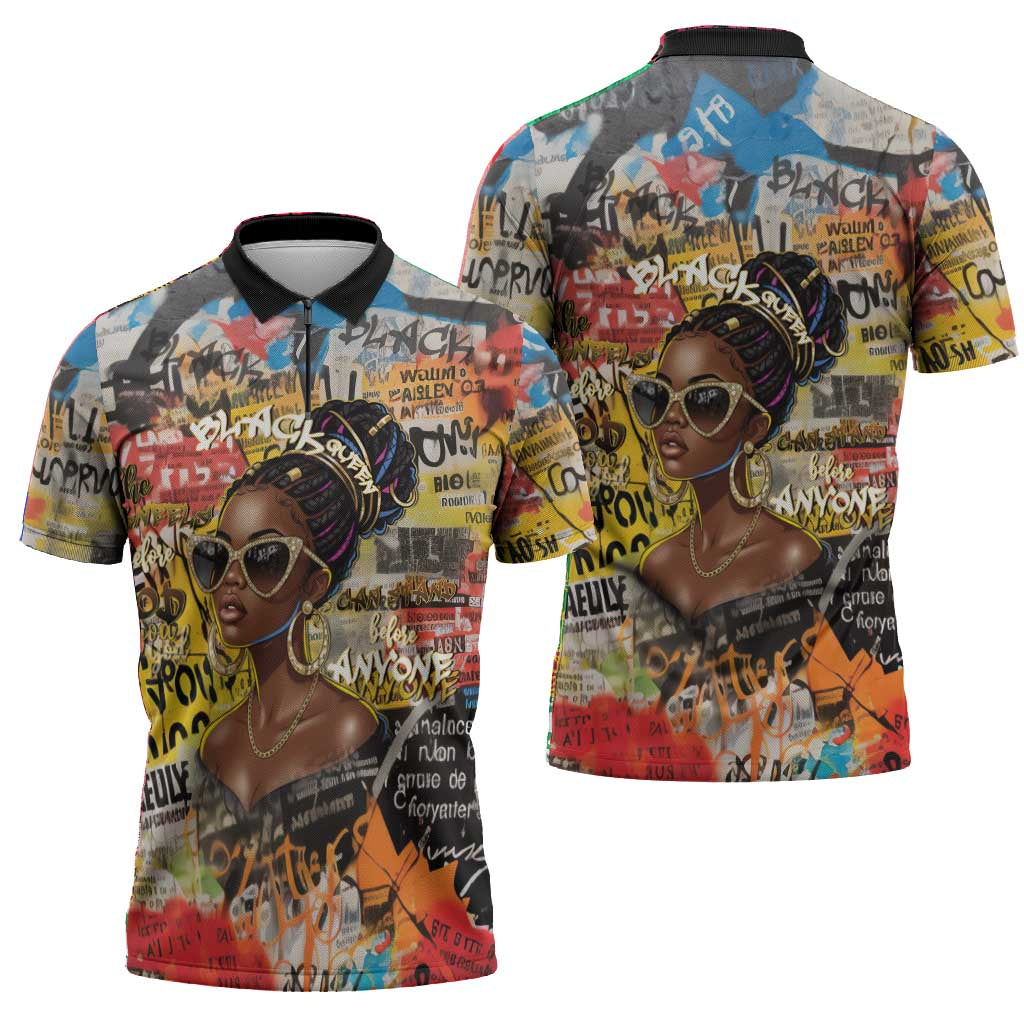 Black Her Story Graffiti Queen Zipper Polo Shirt Black Woman Empowerment - African Pride