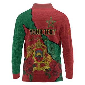 Personalised Morocco Long Sleeve Polo Shirt Coat Of Arms - Islamic Mix African Patterns