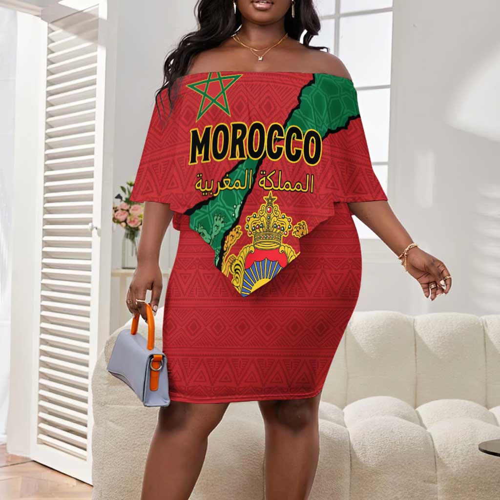 Personalised Morocco Off Shoulder Short Dress Coat Of Arms - Islamic Mix African Patterns