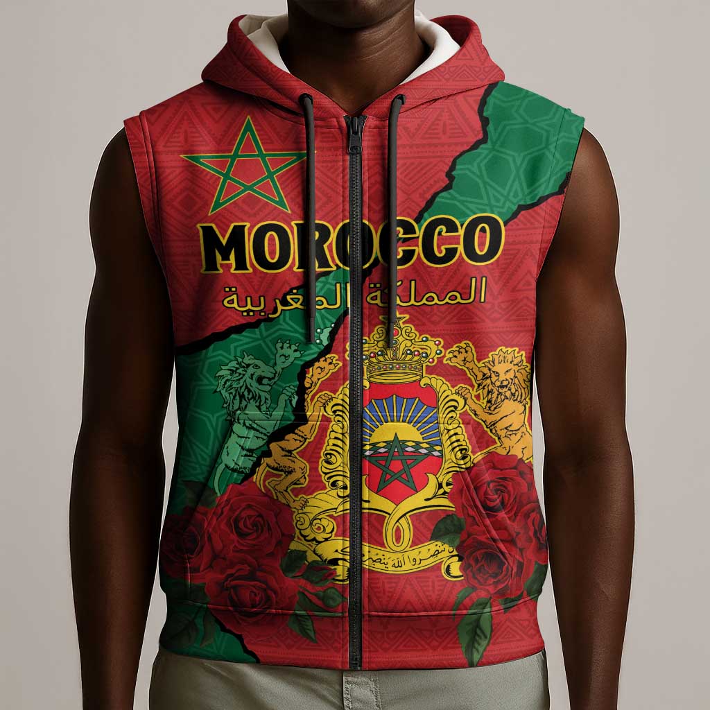 Personalised Morocco Sleeveless Zip Hoodie Coat Of Arms - Islamic Mix African Patterns - African Pride
