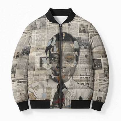 James Baldwin Bomber Puffer Jacket Vintage Newspaper Style