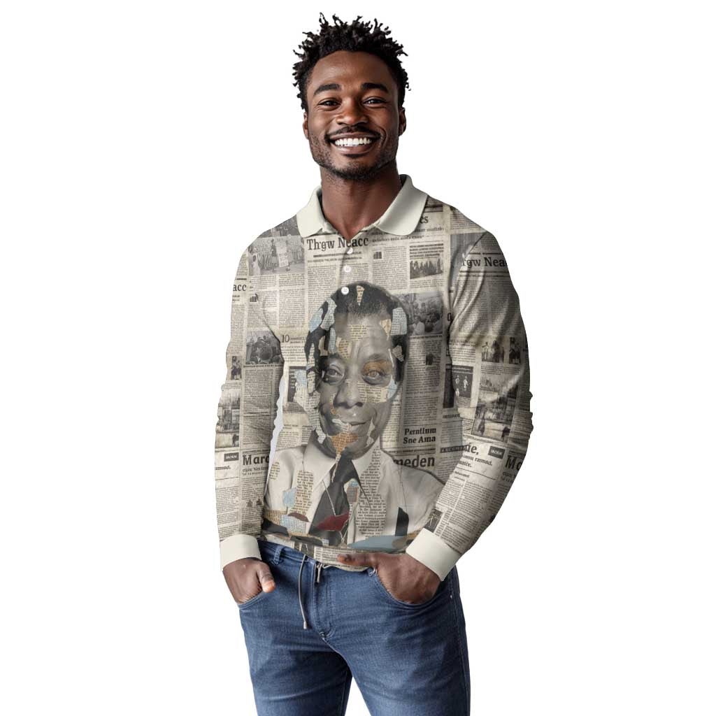 James Baldwin Long Sleeve Polo Shirt Vintage Newspaper Style