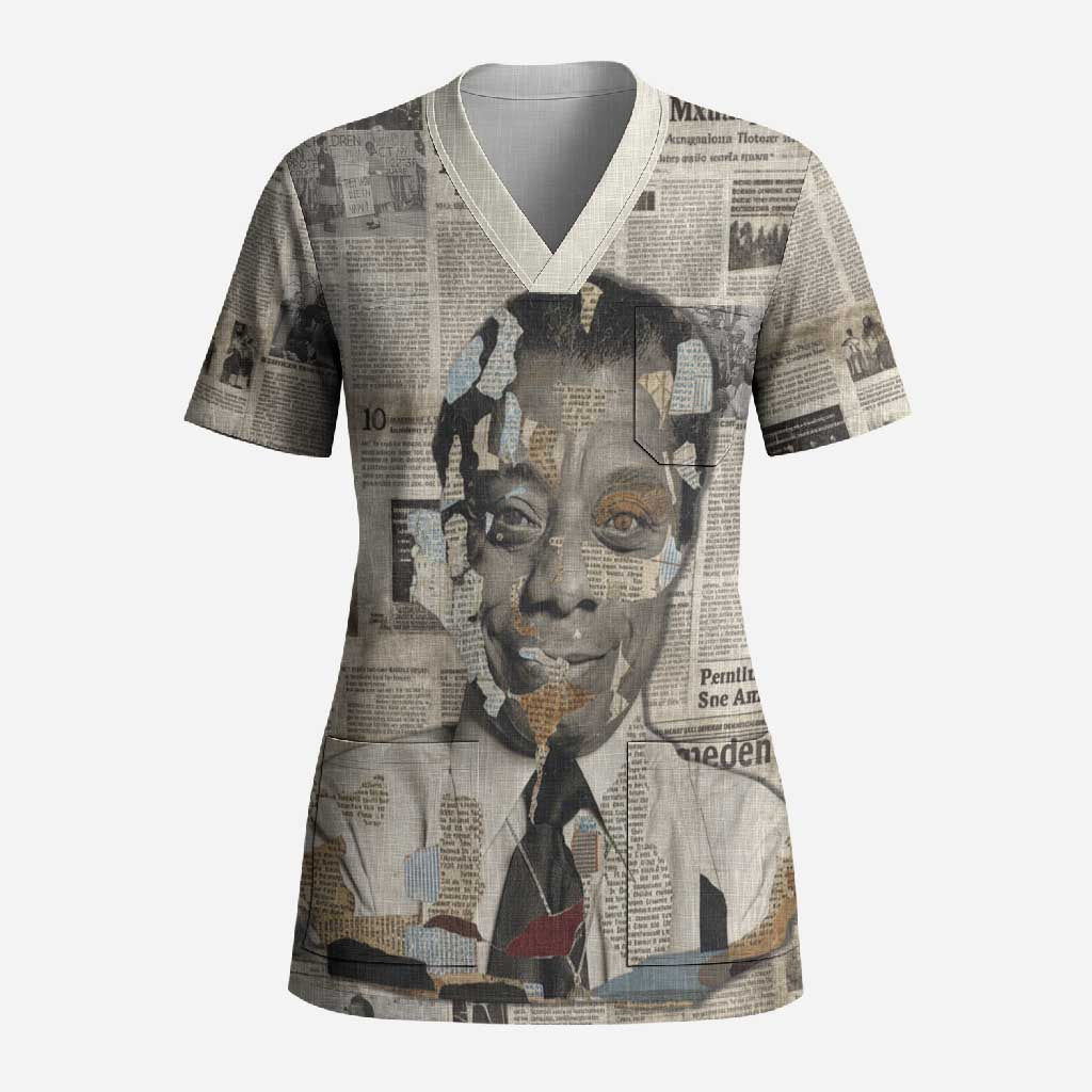 James Baldwin Scrub Top Vintage Newspaper Style