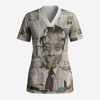 James Baldwin Scrub Top Vintage Newspaper Style