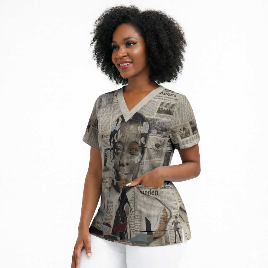 James Baldwin Scrub Top Vintage Newspaper Style