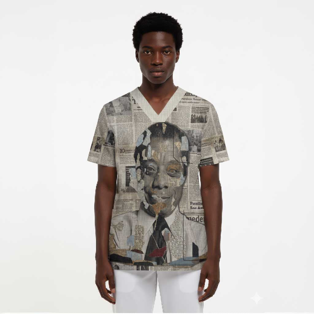 James Baldwin Scrub Top Vintage Newspaper Style